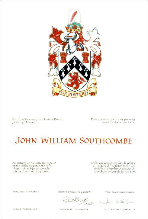 Letters patent granting heraldic emblems to John William Southcombe