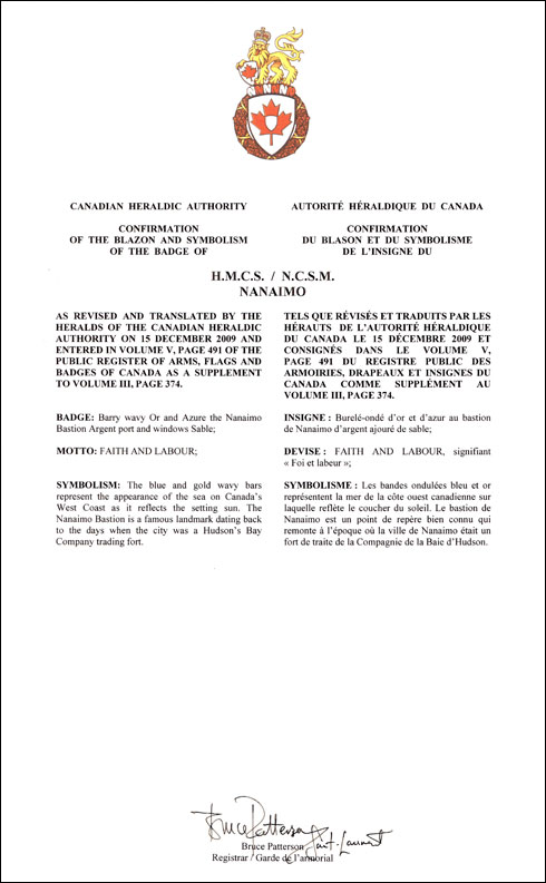 Letters patent confirming the blazon of the Badge of HMCS Nanaimo