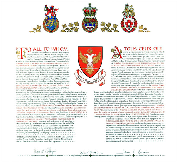 Lettres patentes enregistrant les emblèmes héraldiques du rite ancien et accepté écossais de la franc-maçonnerie du Canada