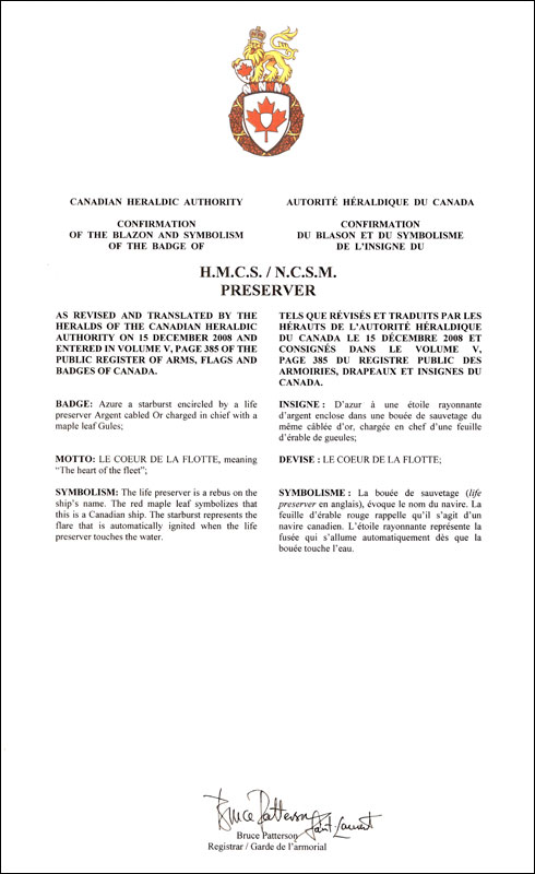 Letters patent confirming the blazon of the Badge of HMCS Preserver