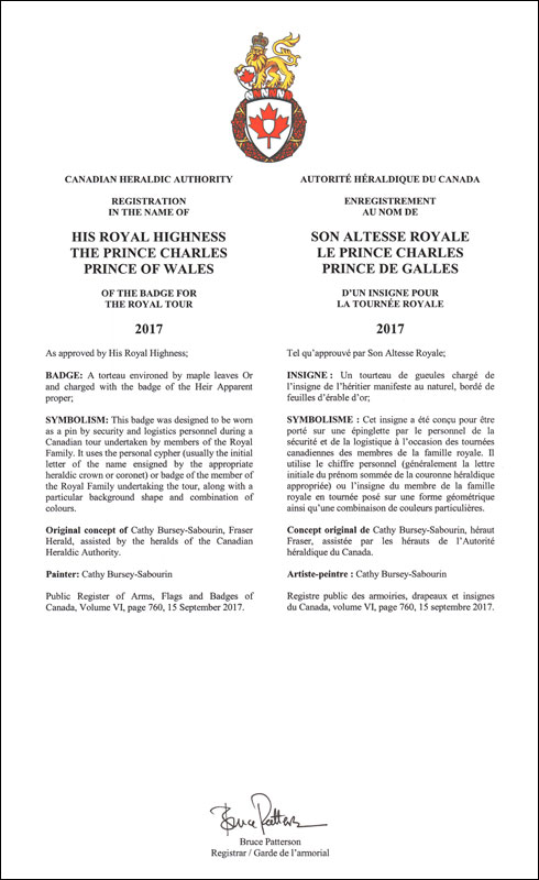 Letters patent registering a Badge for the Royal Tour 2017