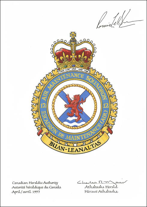 Lettres patentes approuvant l’insigne du 12e Escadron de maintenance (Air)