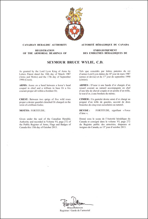 Lettres patentes enregistrant les emblèmes héraldiques de Seymour Bruce Wylie