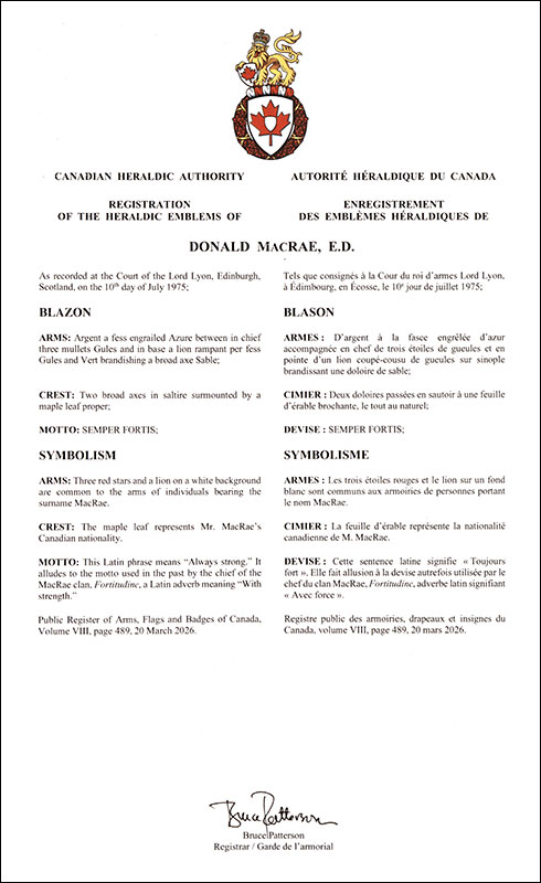 Letters patent registering the heraldic emblems of Donald MacRae