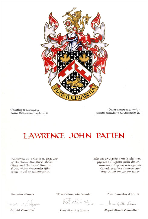 Letters patent granting heraldic emblems to Lawrence John Patten