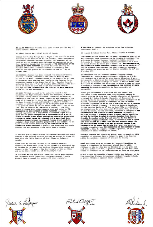 Lettres patentes concédant des supports à The Corporation of the District of North Vancouver