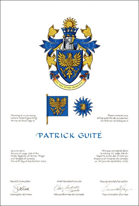 Letters patent granting heraldic emblems to Patrick Guité