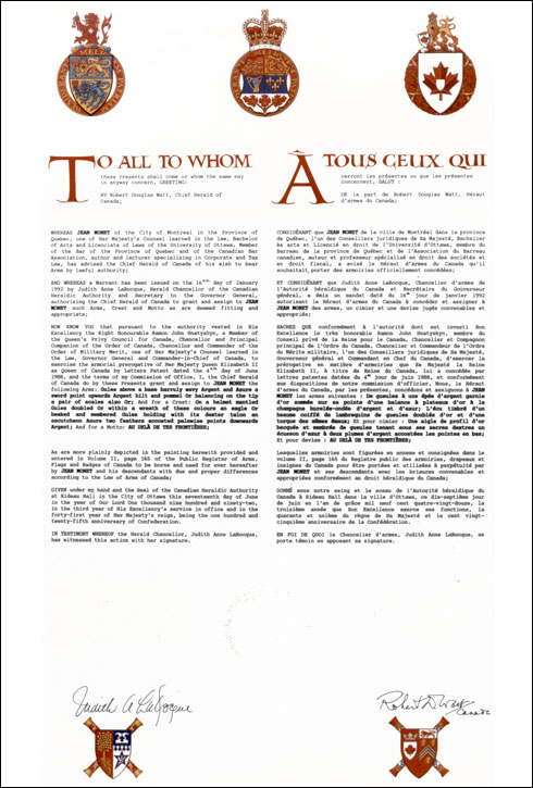 Letters patent granting heraldic emblems to Jean Monet