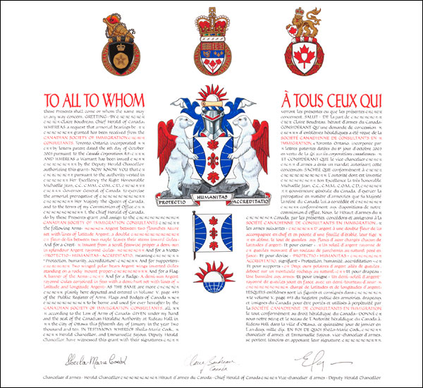 Letters patent granting heraldic emblems to the Canadian Society of Immigration Consultants