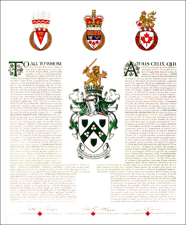 Letters patent granting heraldic emblems to John MacEwen Mathieson Greenshields
