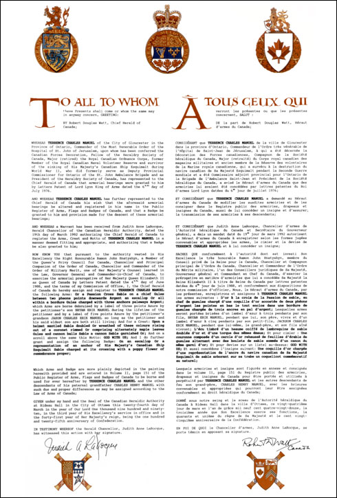 Letters patent registering the heraldic emblems of Terrence Charles Manuel
