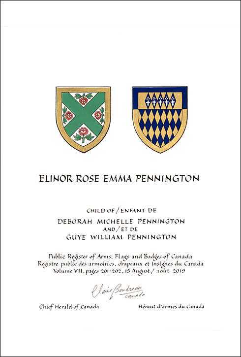Letters patent granting heraldic emblems to Guye William Pennington