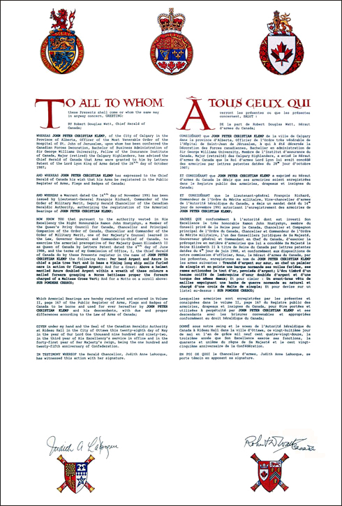 Letters patent registering the heraldic emblems of John Peter Christian Klemp