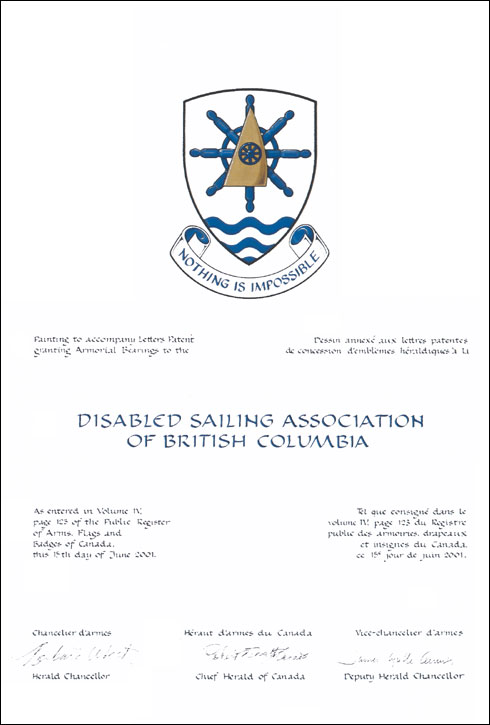 Letters patent granting heraldic emblems to the Disabled Sailing Association of British Columbia