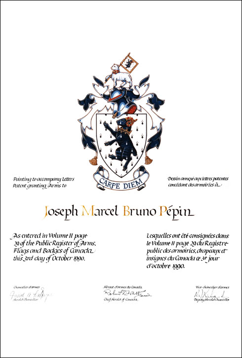 Letters patent granting heraldic emblems to Joseph Marcel Bruno Pépin