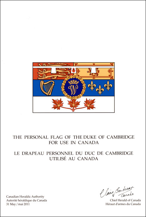 Lettres patentes enregistrant le drapeau du Duc de Cambridge utilisé au Canada