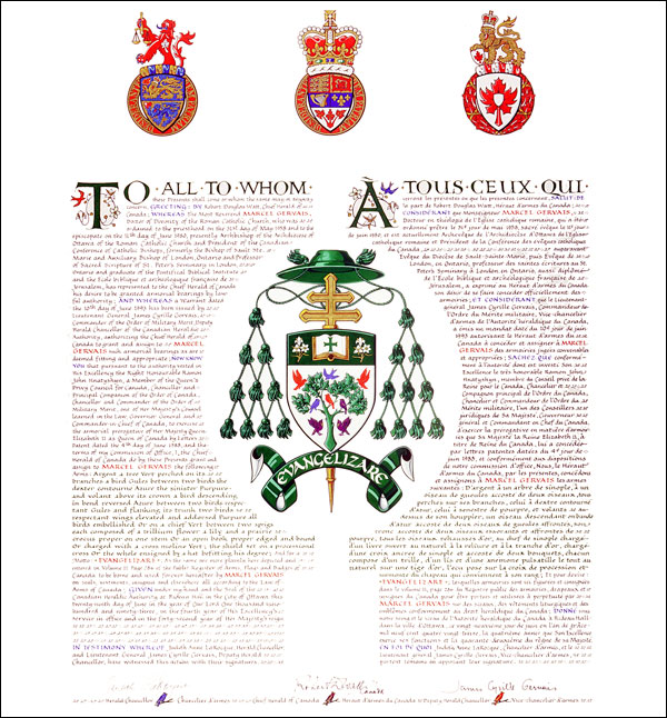 Letters patent granting heraldic emblems to Marcel Gervais