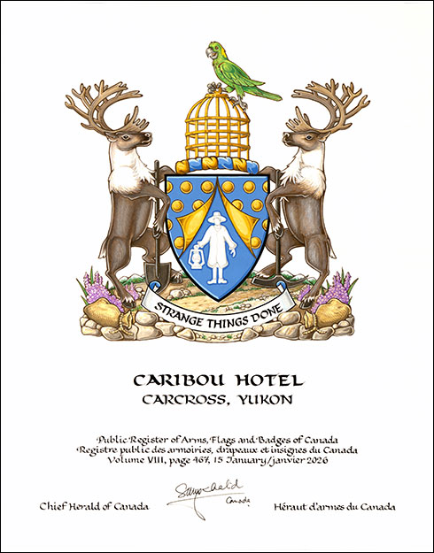 Letters patent granting heraldic emblems to the Caribou Hotel