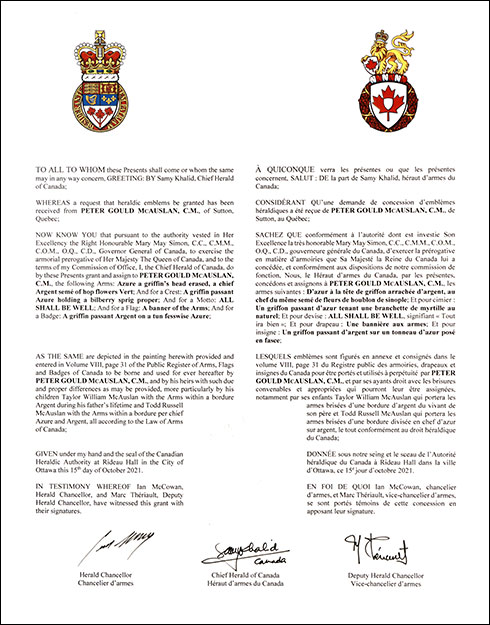 Letters patent granting heraldic emblems to Peter Gould McAuslan