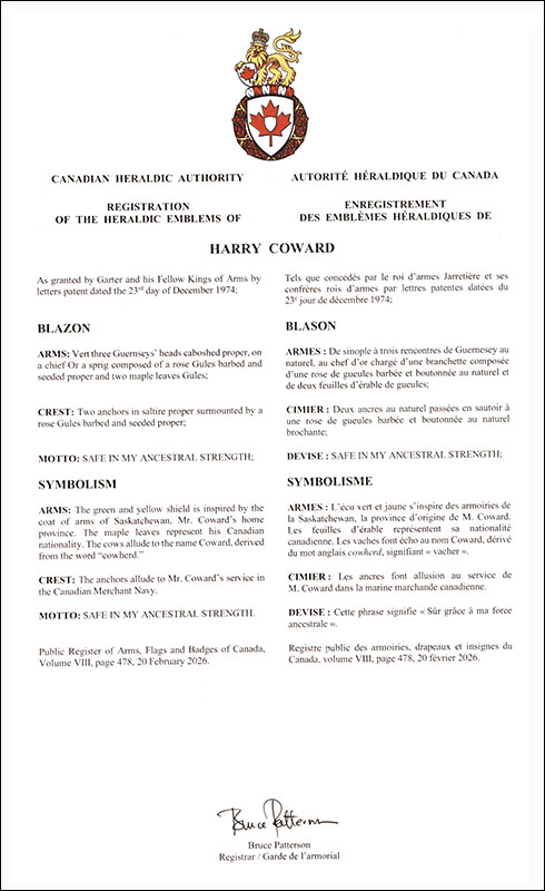 Lettres patentes enregistrant les emblèmes héraldiques de Harry Coward