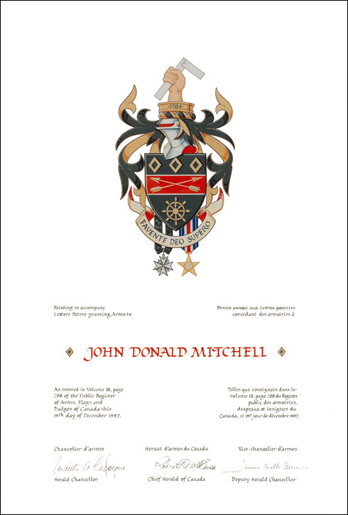 Letters patent granting heraldic emblems to John Donald Mitchell