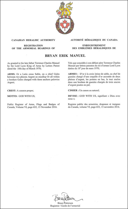 Letters patent registering the heraldic emblems of Bryan Erik Manuel
