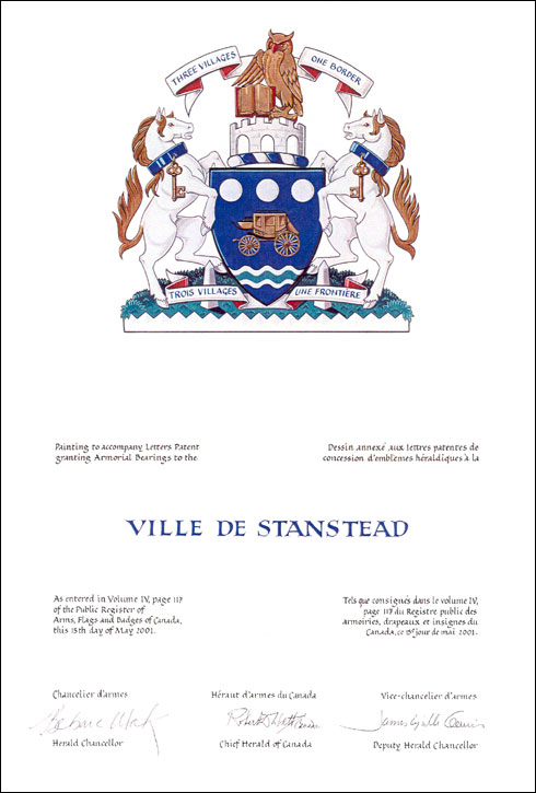 Letters patent granting heraldic emblems to the Ville de Stanstead