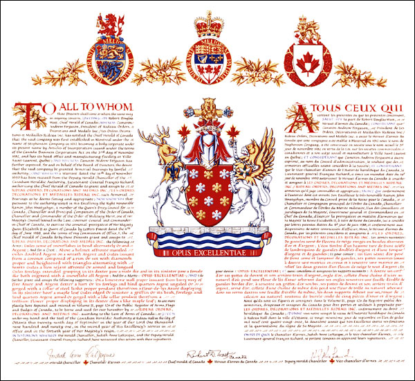 Letters patent granting heraldic emblems to Rideau Orders, Decorations and Medals Inc.