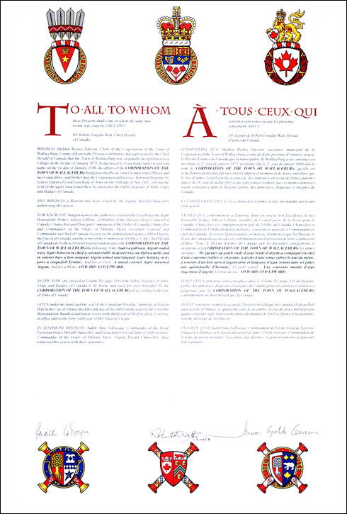 Letters patent registering the heraldic emblems of the Corporation of the Town of Wallaceburg