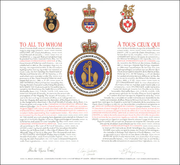 Letters patent granting heraldic emblems to the Canadian Hydrographic Service