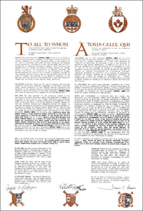 Letters patent granting heraldic emblems to Antonio Lamer