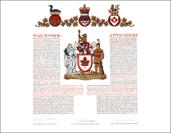 Letters patent granting heraldic emblems to The Dominion Institute