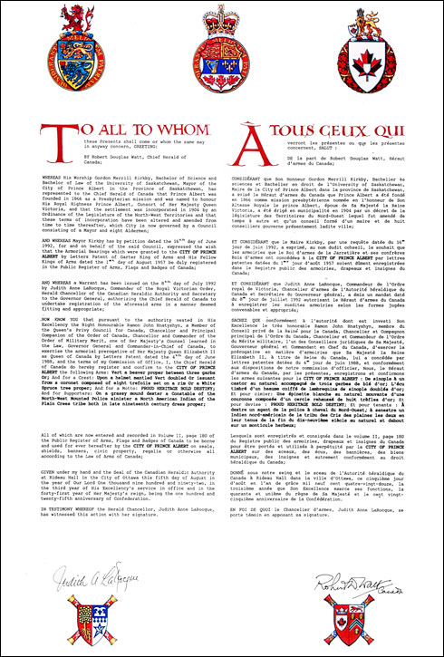 Letters patent registering the heraldic emblems of the City of Prince Albert