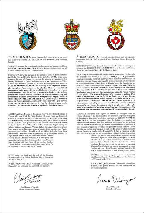Letters patent granting heraldic emblems to Robert Norman Bedford