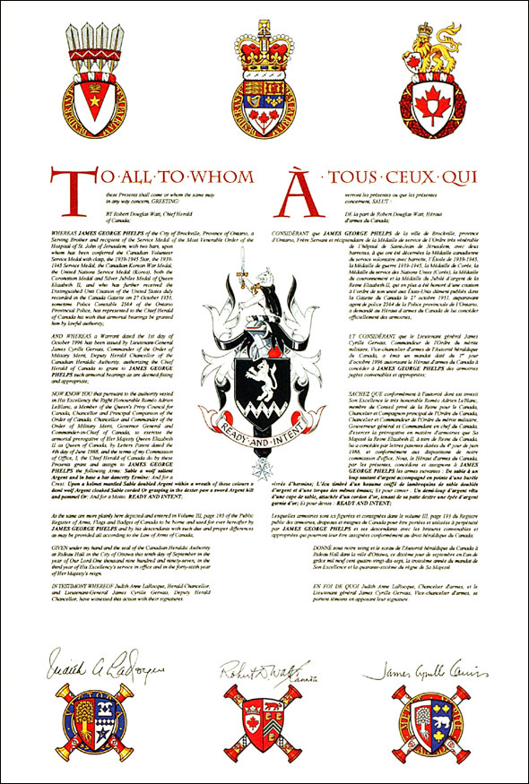 Letters patent granting heraldic emblems to James George Phelps
