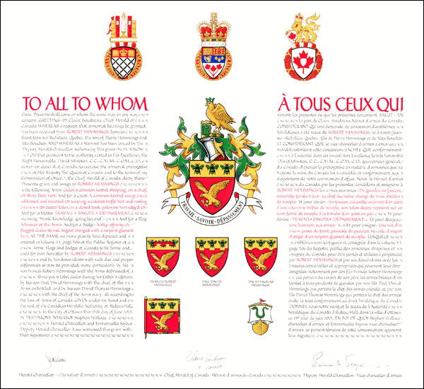 Letters patent granting heraldic emblems to Robert Hemmings