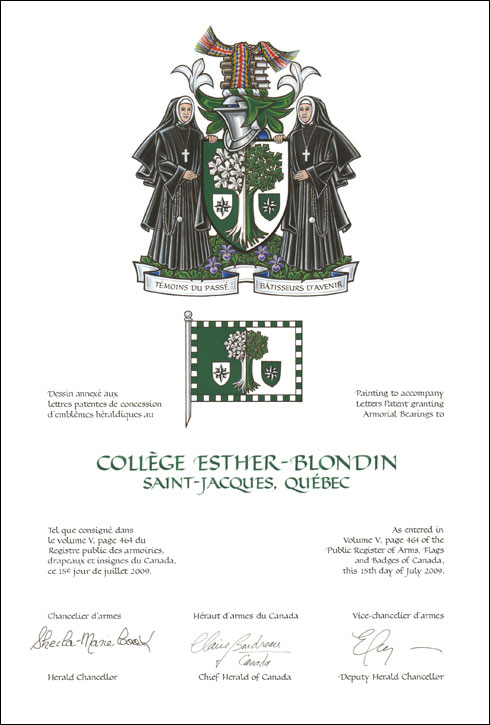 Letters patent granting heraldic emblems to Collège Esther-Blondin