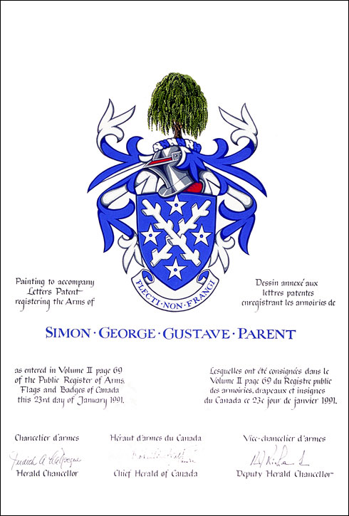 Letters patent registering the heraldic emblems of Simon George Gustave Parent