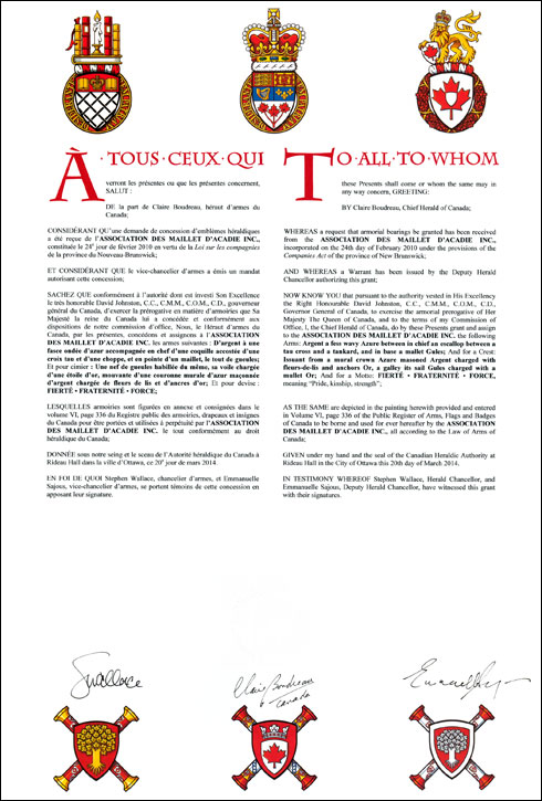Letters patent granting heraldic emblems to the Association des Maillet d'Acadie Inc.