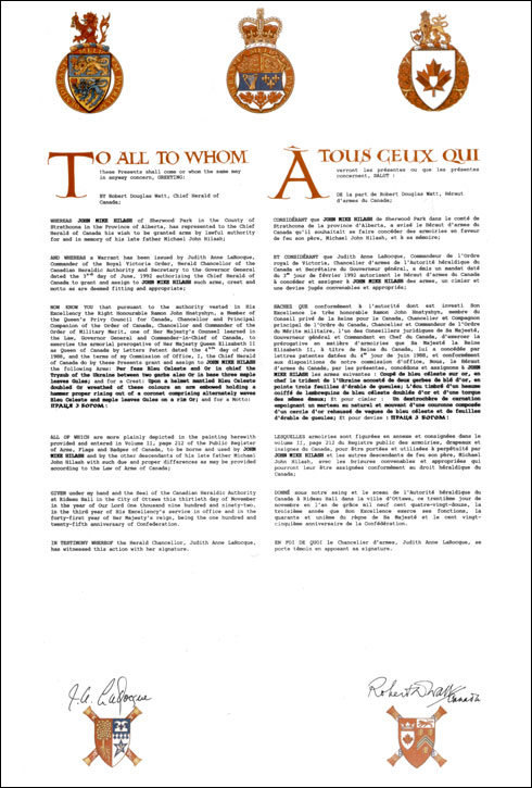 Letters patent granting heraldic emblems to John Mike Hilash