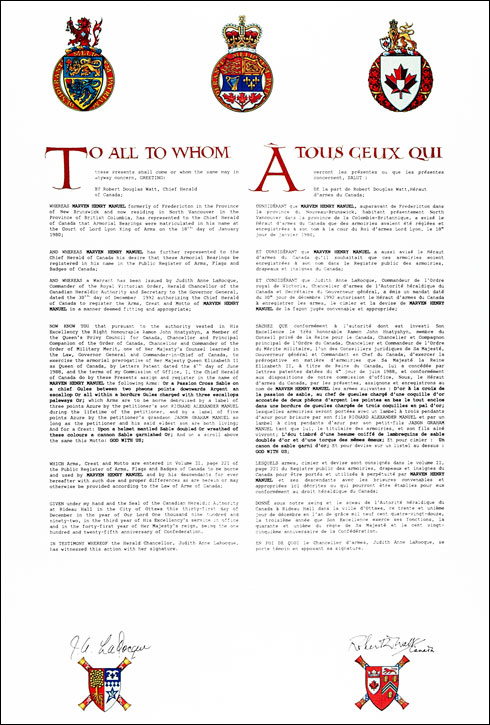 Letters patent granting differenced Arms to Richard Alexander Manuel and Jason Graham Manuel