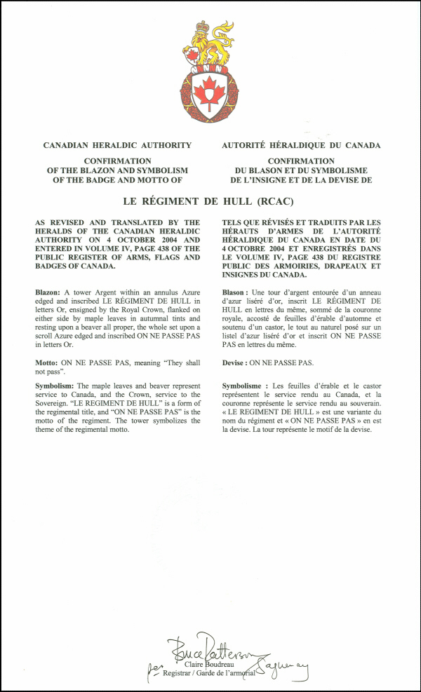 Letters patent confirming the blazon of the Badge of Le Régiment de Hull (RCAC)