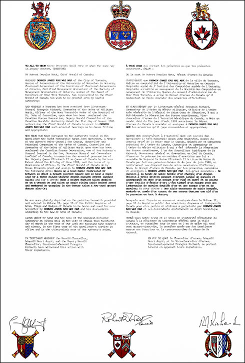 Letters patent granting heraldic emblems to Derwin James Kah Wai Mak