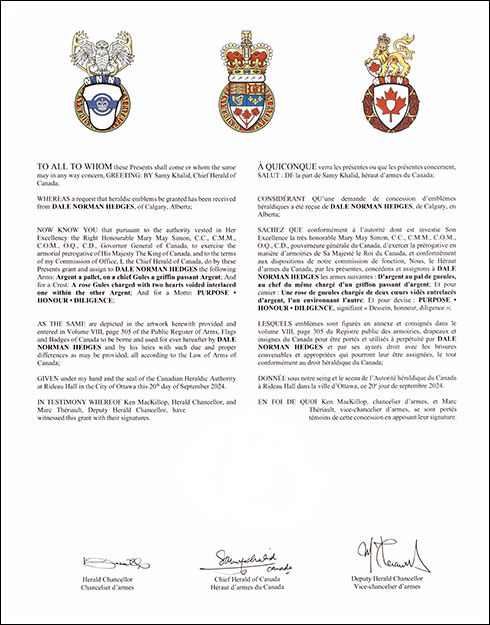 Letters patent granting heraldic emblems to Dale Norman Hedges