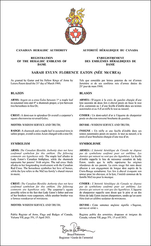 Lettres patentes enregistrant les emblèmes héraldiques de Sarah Evlyn Florence Eaton (née McCrae)