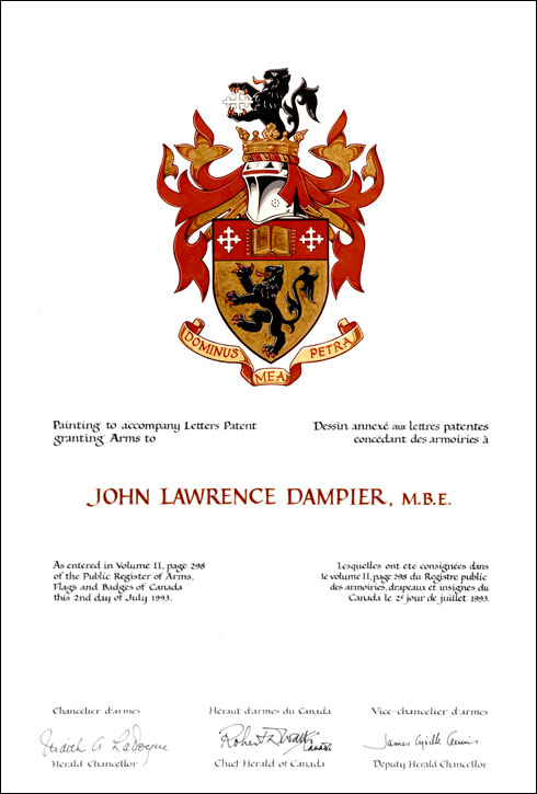 Letters patent granting heraldic emblems to John Lawrence Dampier