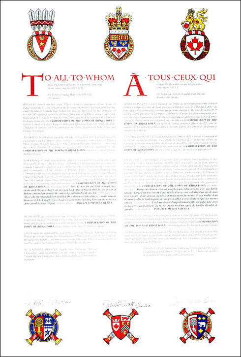 Letters patent registering the heraldic emblems of the Corporation of the Town of Ridgetown