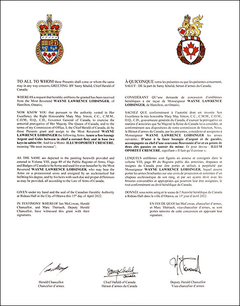 Letters patent granting heraldic emblems to Wayne Lawrence Lobsinger