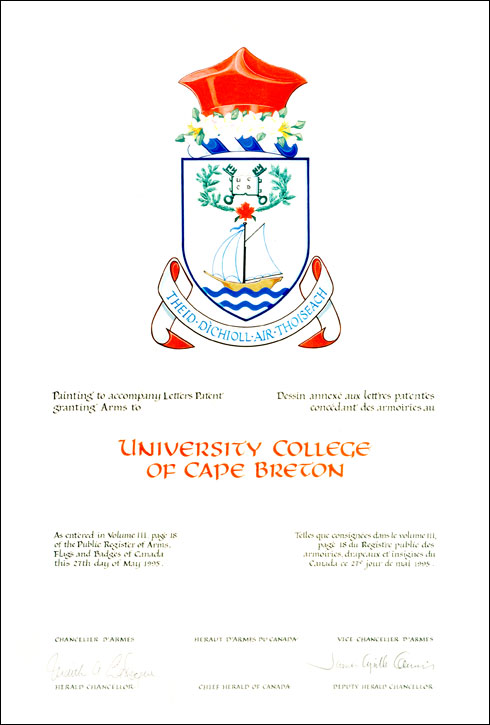 Letters patent granting heraldic emblems to the University College of Cape Breton