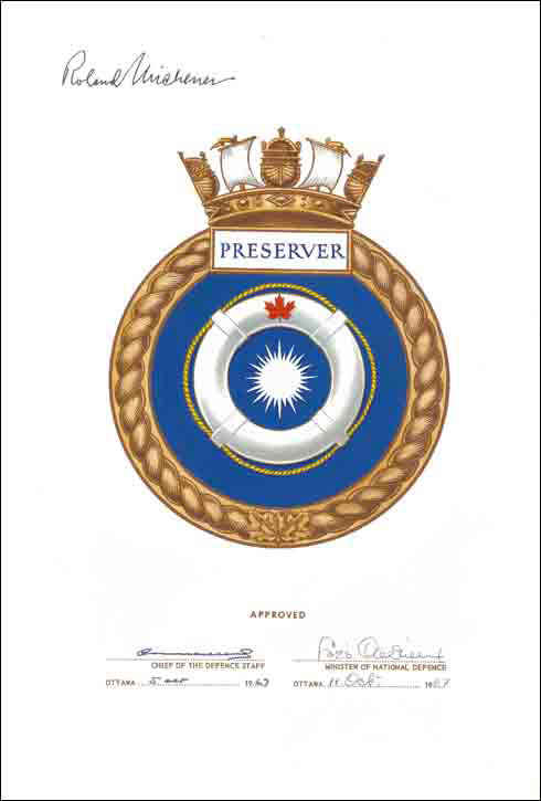 Letters patent confirming the blazon of the Badge of HMCS Preserver